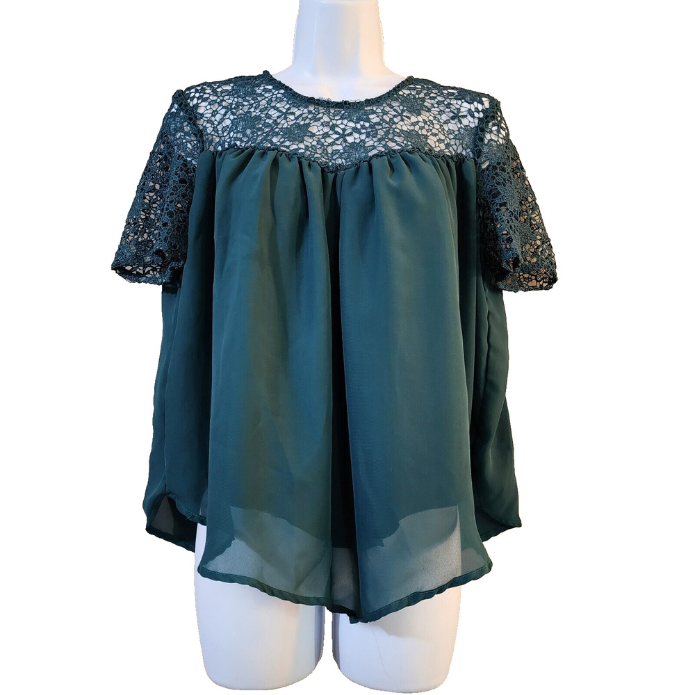 JW Style Womens Pullover Blouse Size S Dark Teal Pleated Asymmetric Lace Lined